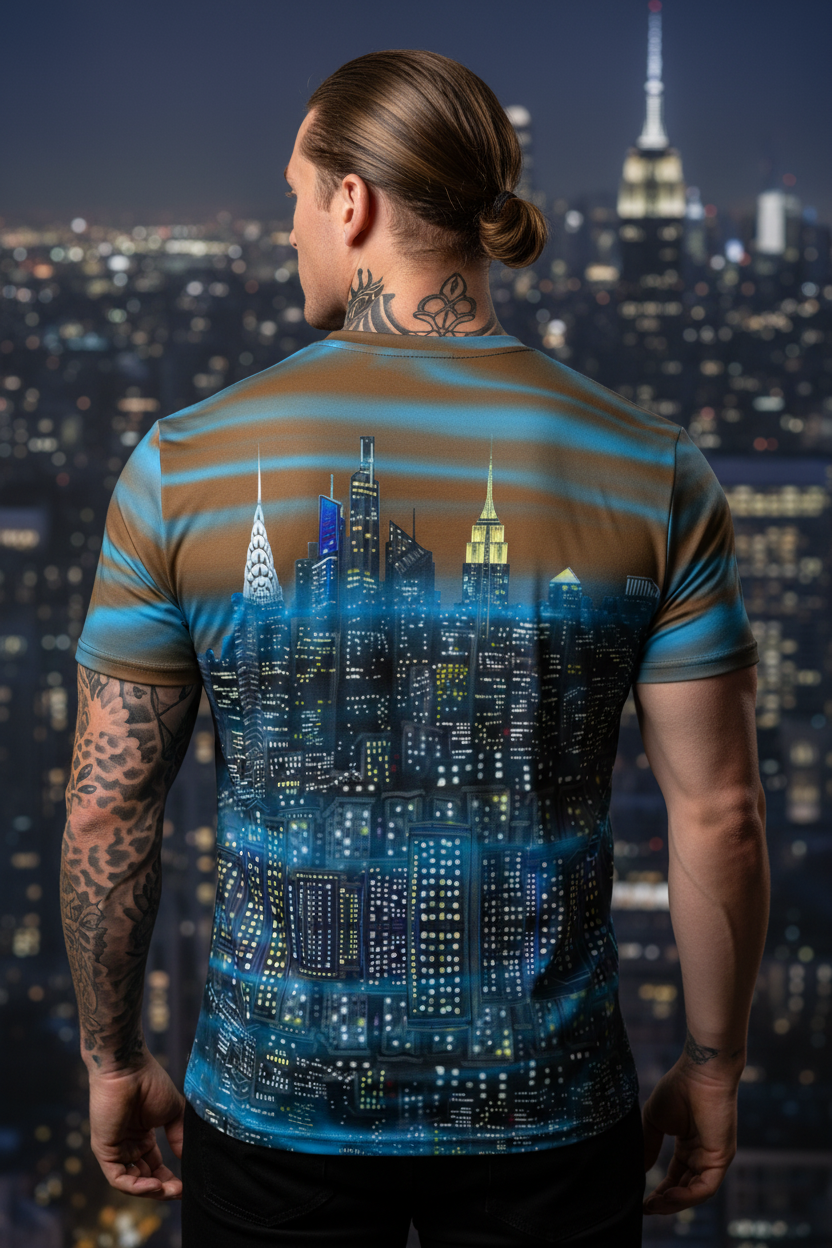 Person wearing a t-shirt with a cityscape Loria NYC Art design, standing against a night-time city skyline.