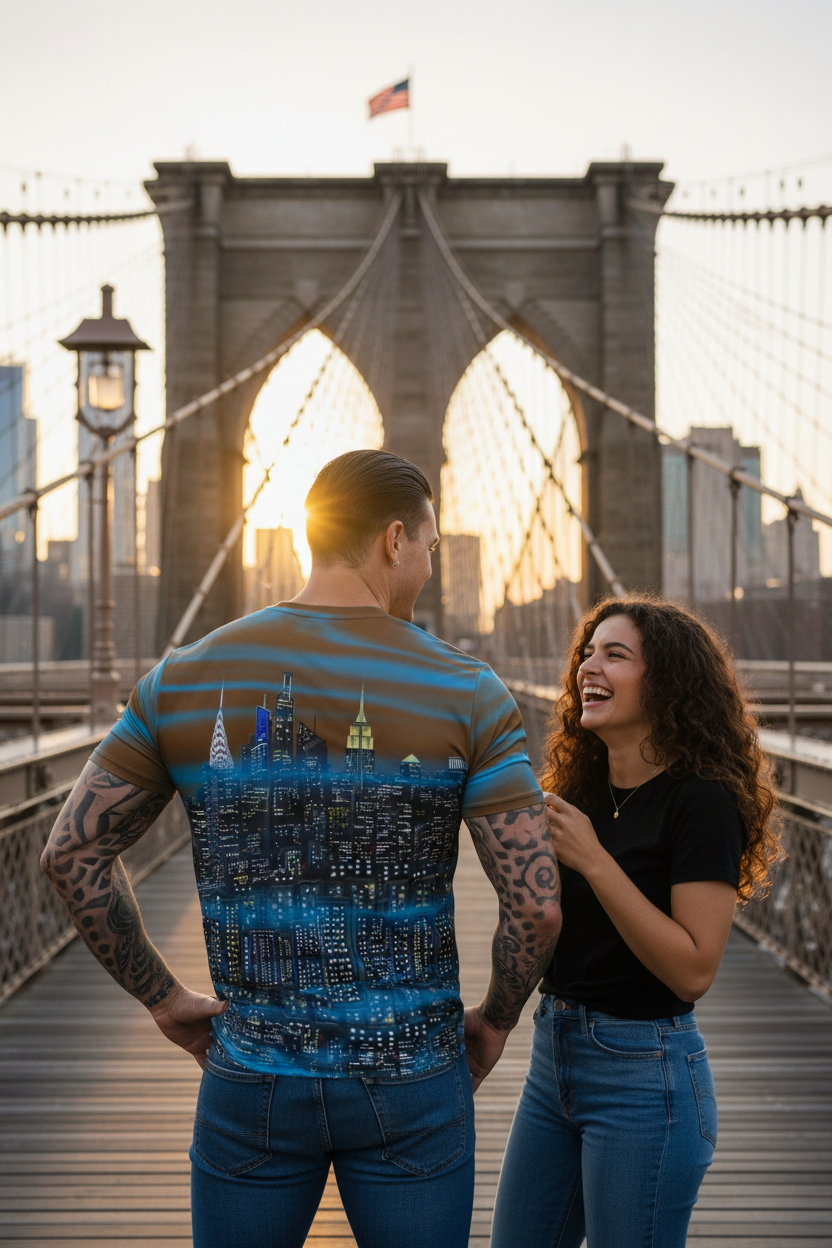 Man in a brown Loria NYC Art shirt standing with the Brooklyn Bridge in the background during sunset.