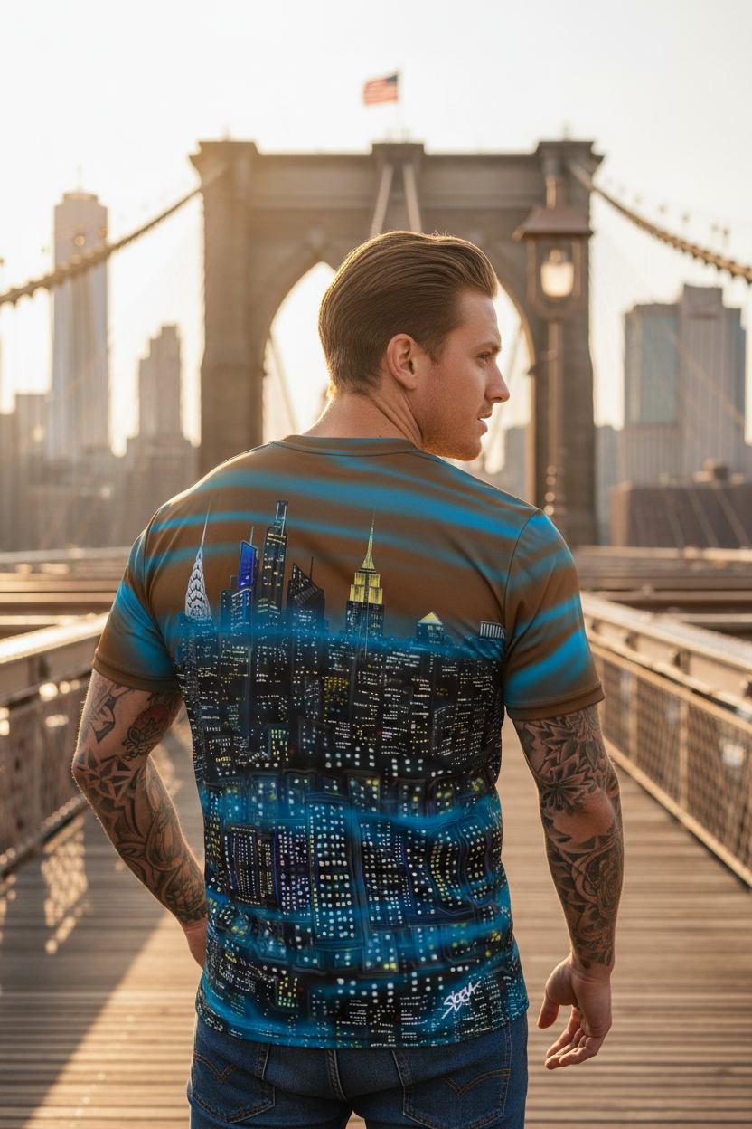 Man wearing a brown t-shirt with a cityscape Loria NYC Art design on a city street with bridge in the background