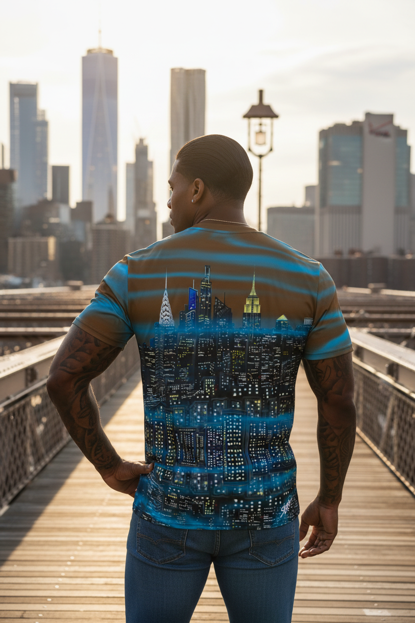 Person wearing a brown Loria NYC Art shirt  with a cityscape design, standing on a bridge with a city skyline in the background.