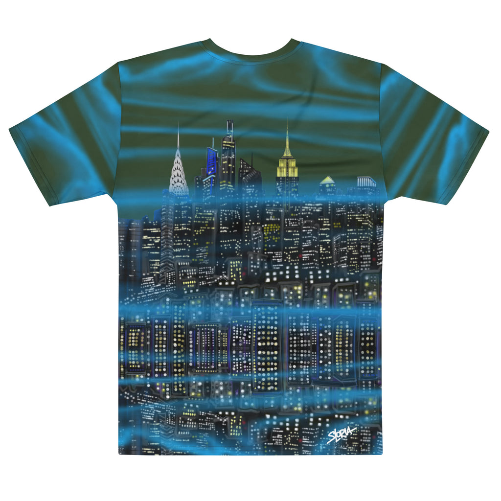 Back of a T-shirt with a cityscape Loria NYC Art design on a white background