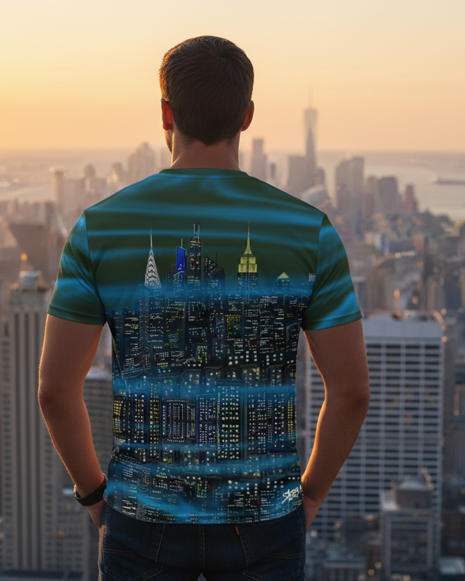 Person wearing a blue and green Loria NYC Art t-shirt with a cityscape design, standing on a high vantage point overlooking a city skyline.