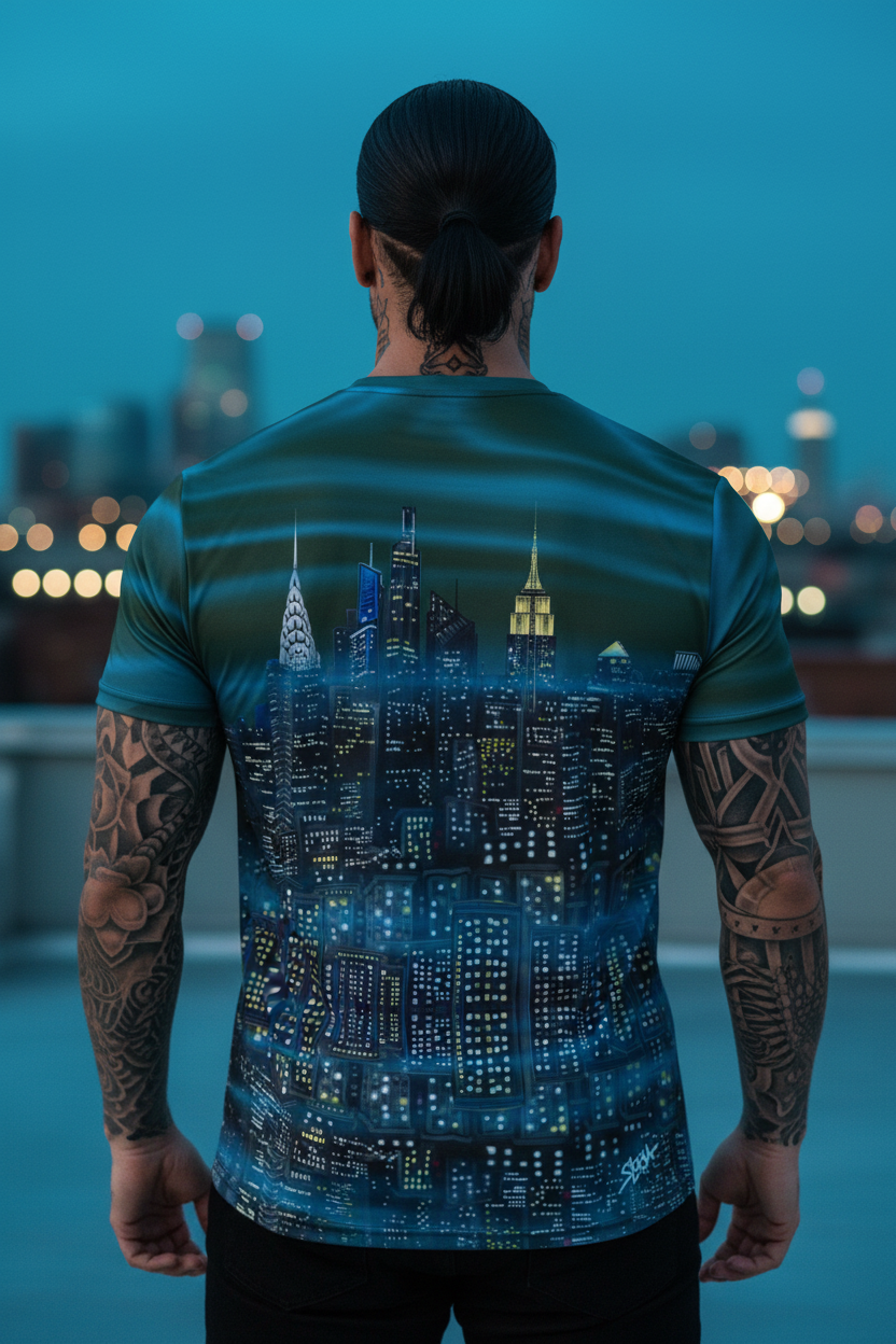 Person wearing a t-shirt with a Loria NYC Art cityscape design, standing against a night-time city skyline.