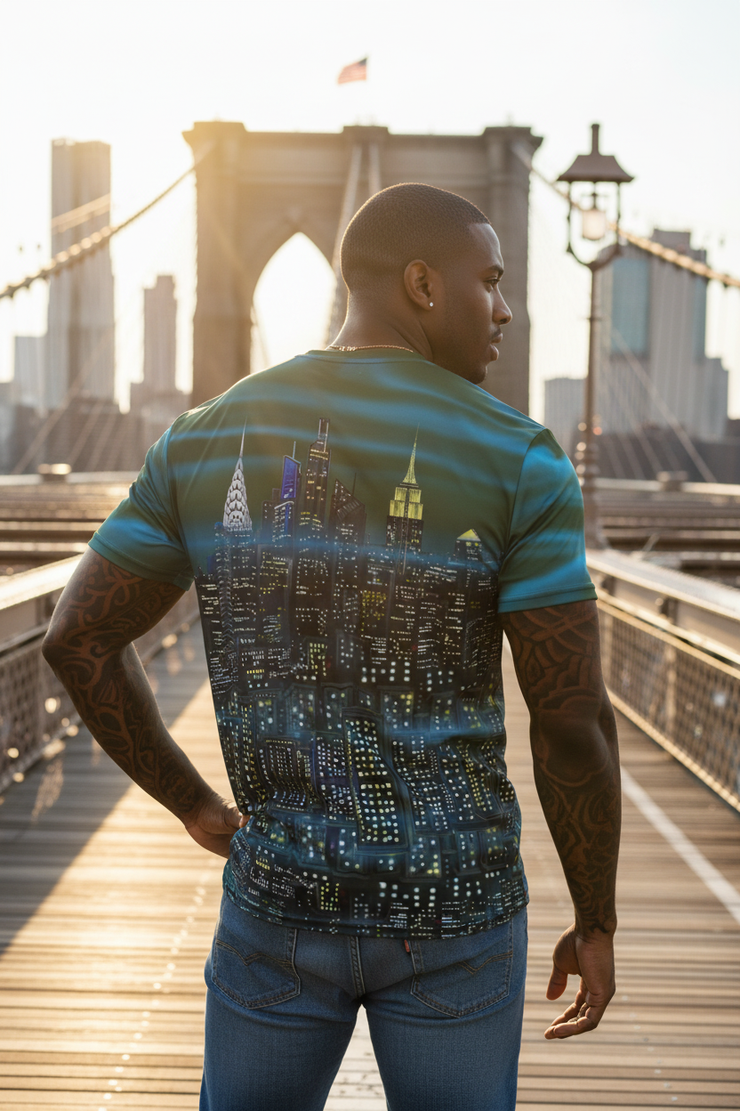 Back view of man in green Loria NYC Art shirt and jeans standing on a bridge with tall buildings in the background.