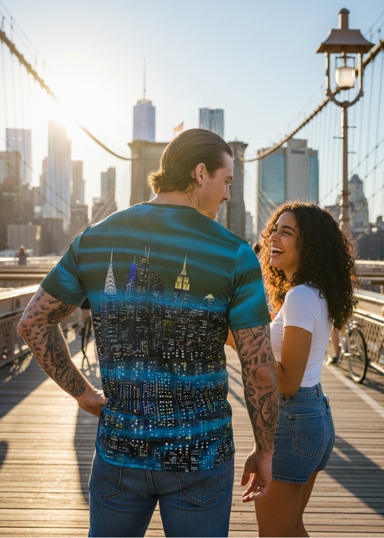 Back view of man in a  green Loria NYC Art shirt and jeans standing on a bridge with friend with tall buildings in the background.