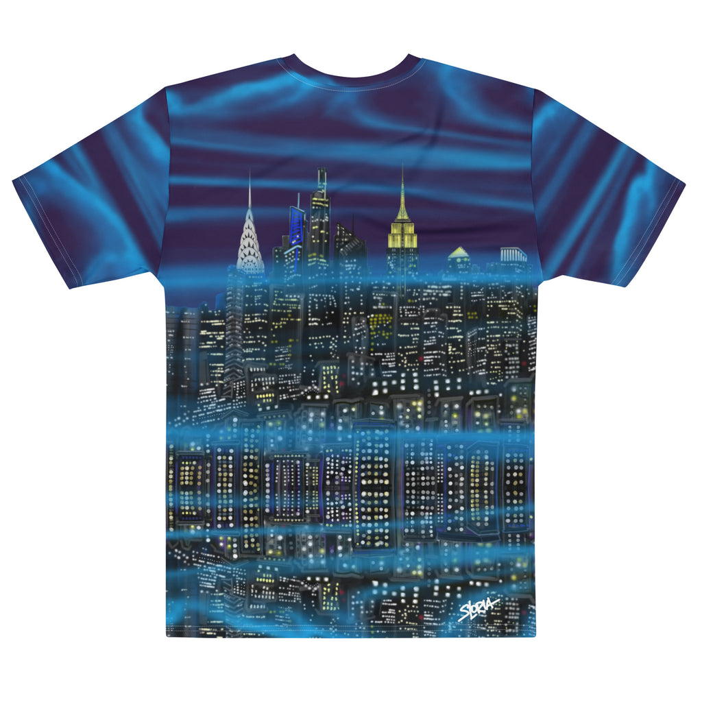 Back of a T-shirt with a cityscape Loria NYC Art design on a white background