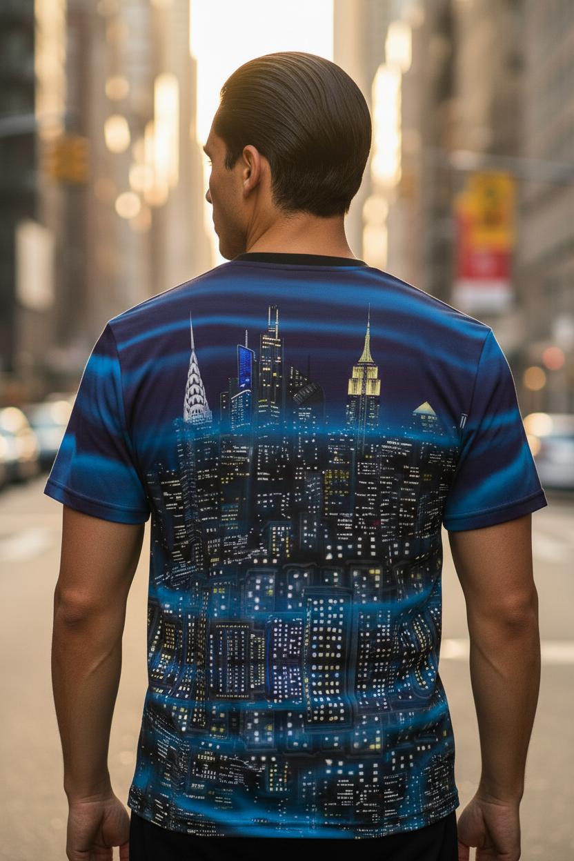Person wearing a Loria NYC Art blue t-shirt with cityscape design on a city street