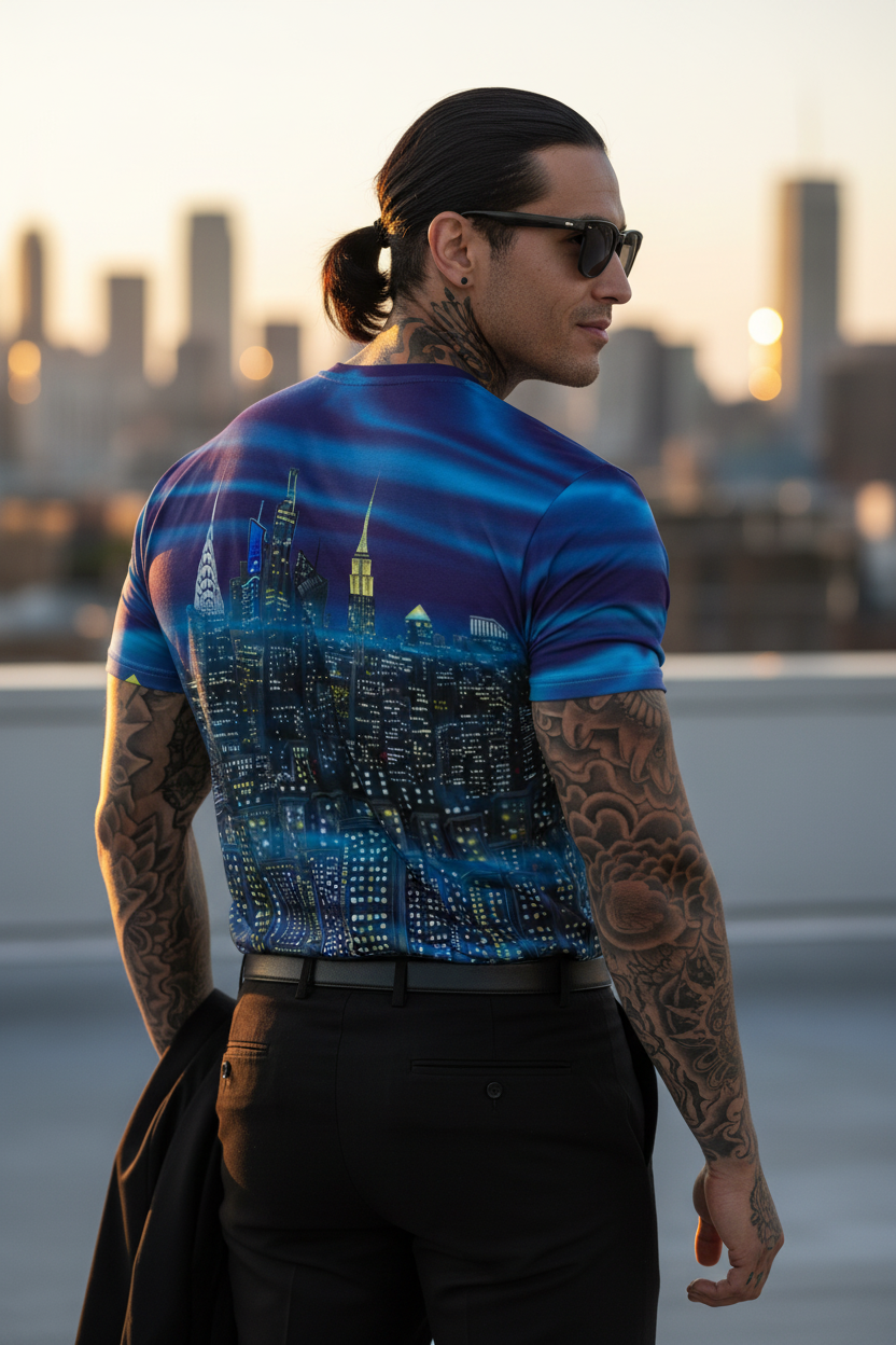 Man wearing a blue Loria NYC Art t-shirt with a cityscape design, standing against an urban skyline.