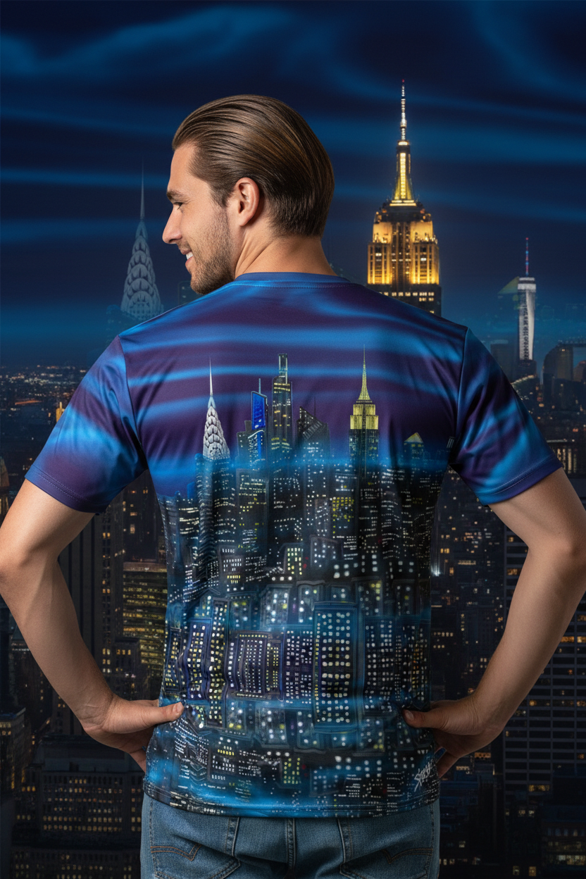 Person wearing a t-shirt with a cityscape Loria NYC Art design, standing in front of a night-time city skyline.