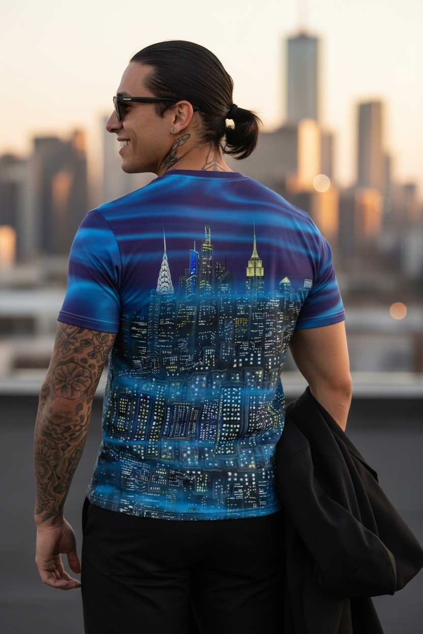 Person wearing a Loria NYC Art t-shirt with a cityscape design, standing against an urban skyline.