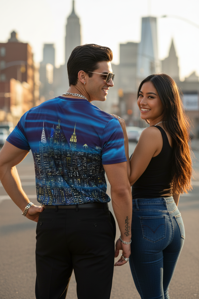 Woman standing together with man wearing a Loria NYC Art tee shirt with the skyline.