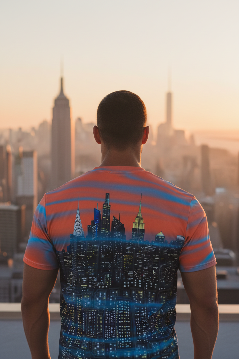 Person wearing a colorful Loria NYC Art shirt with a cityscape design, standing on a rooftop with a city skyline in the background during sunset.