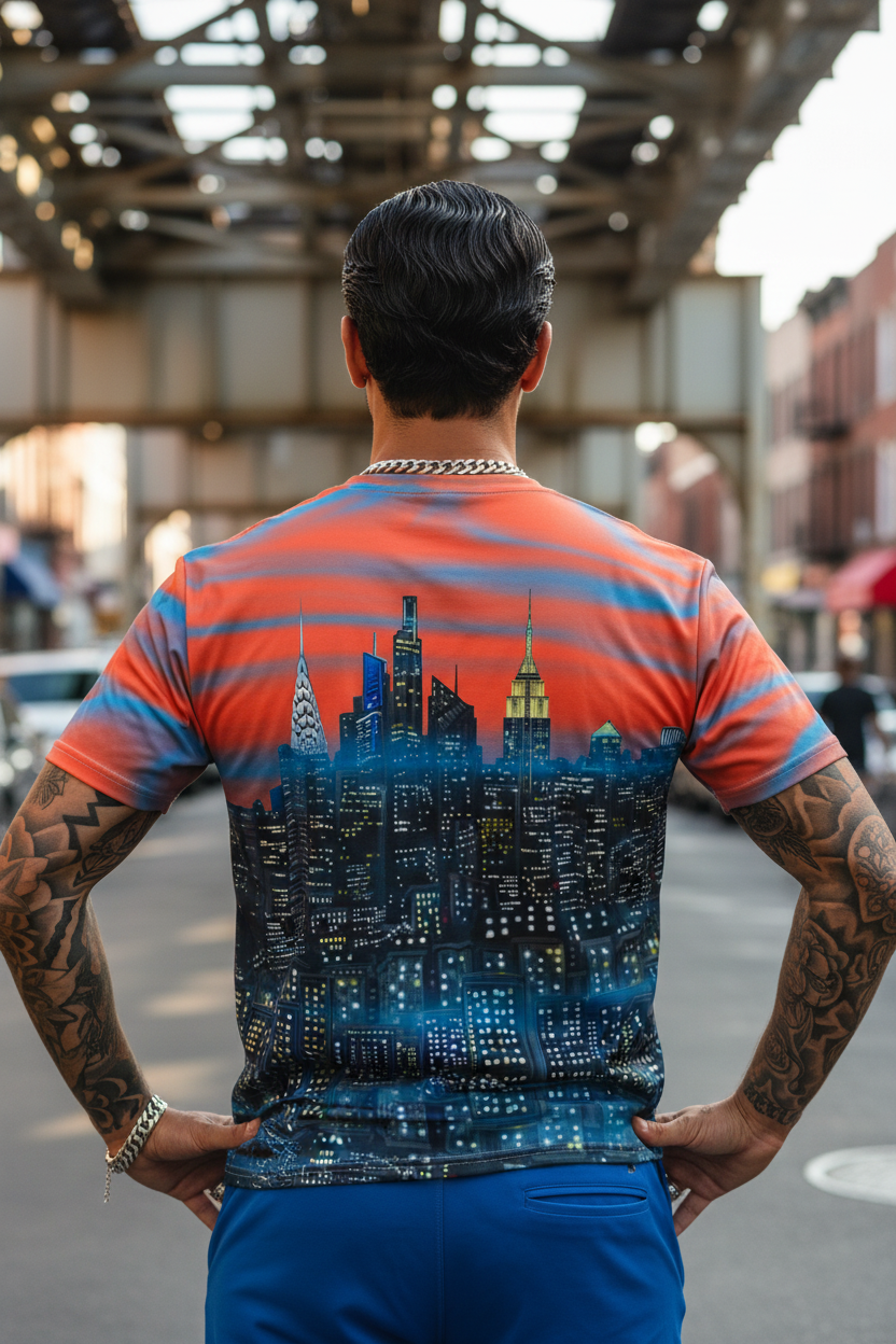 Person wearing a colorful cityscape Loria NYC Art t-shirt with tattoos visible on arms, standing in an urban setting.