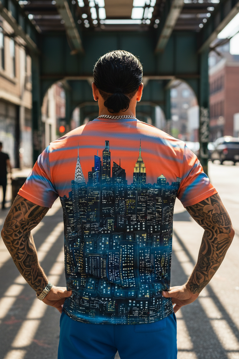 Person wearing a colorful Loria NYC Art shirt with a cityscape design on a city street.