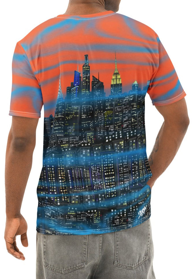 Man wearing a striped shirt with a cityscape Loria NYC Art design on a white background