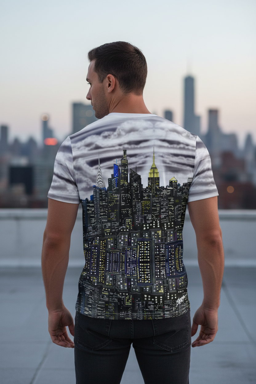 Man wearing a t-shirt with a cityscape Loria NYC Art design, standing on a rooftop with a city skyline in the background.