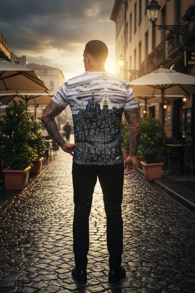 Back view of  wearing a Loria NYC Art shirt and black pants on a city street.