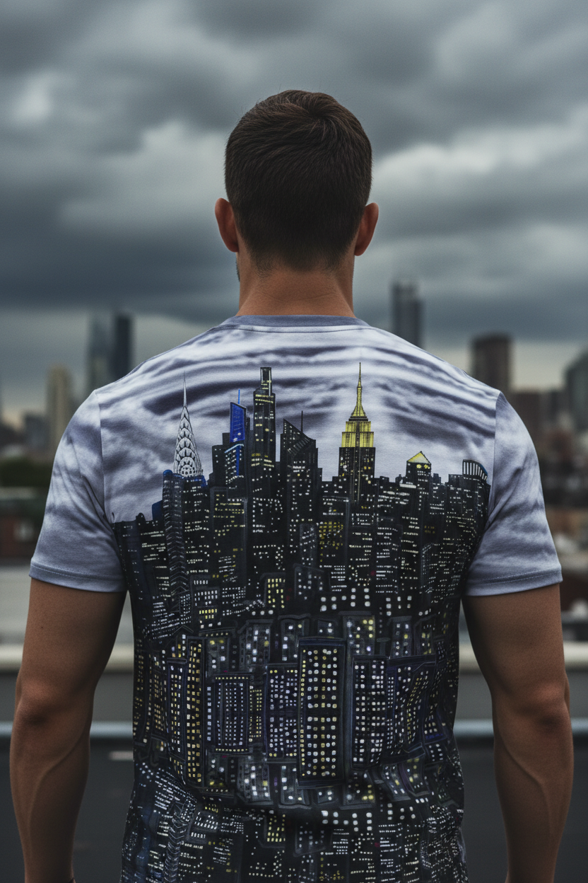Person wearing a t-shirt with a city skyline Loria NYC Art design, standing against an urban skyline.