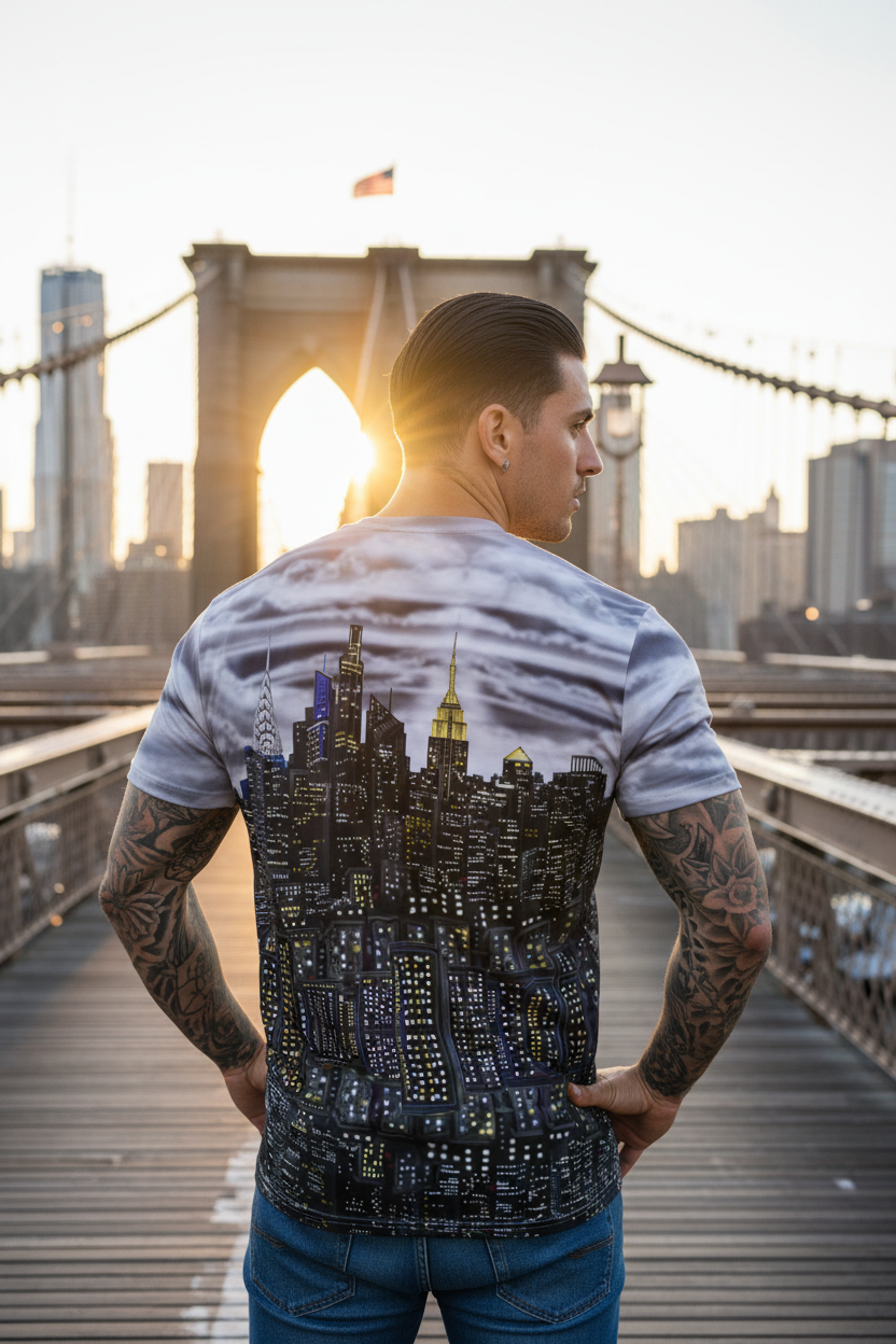 Man on Brooklyn bridge posing in a Loria NYC Art shirt at sunset