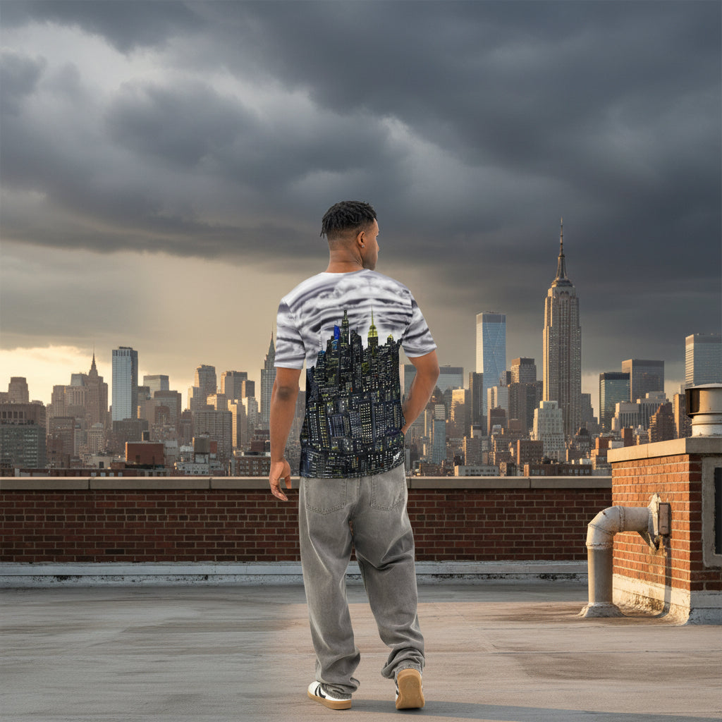 Man wearing a t-shirt with a Loria NYC Art cityscape design on a white background