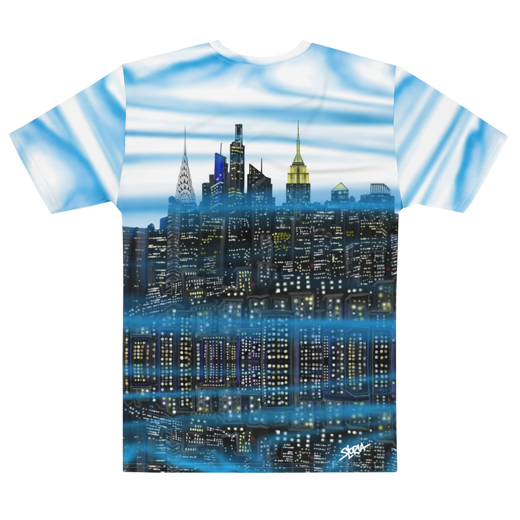 Back of T-shirt with a city skyline Loria NYC Art design on a white background
