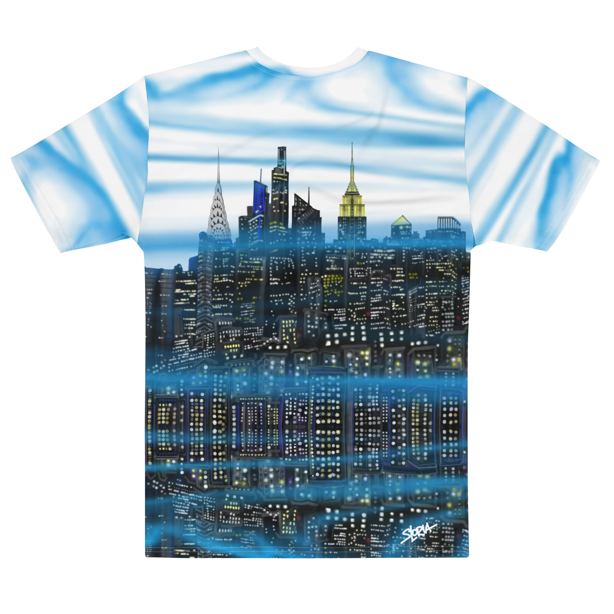 Back of T-shirt with a city skyline Loria NYC Art design on a white background