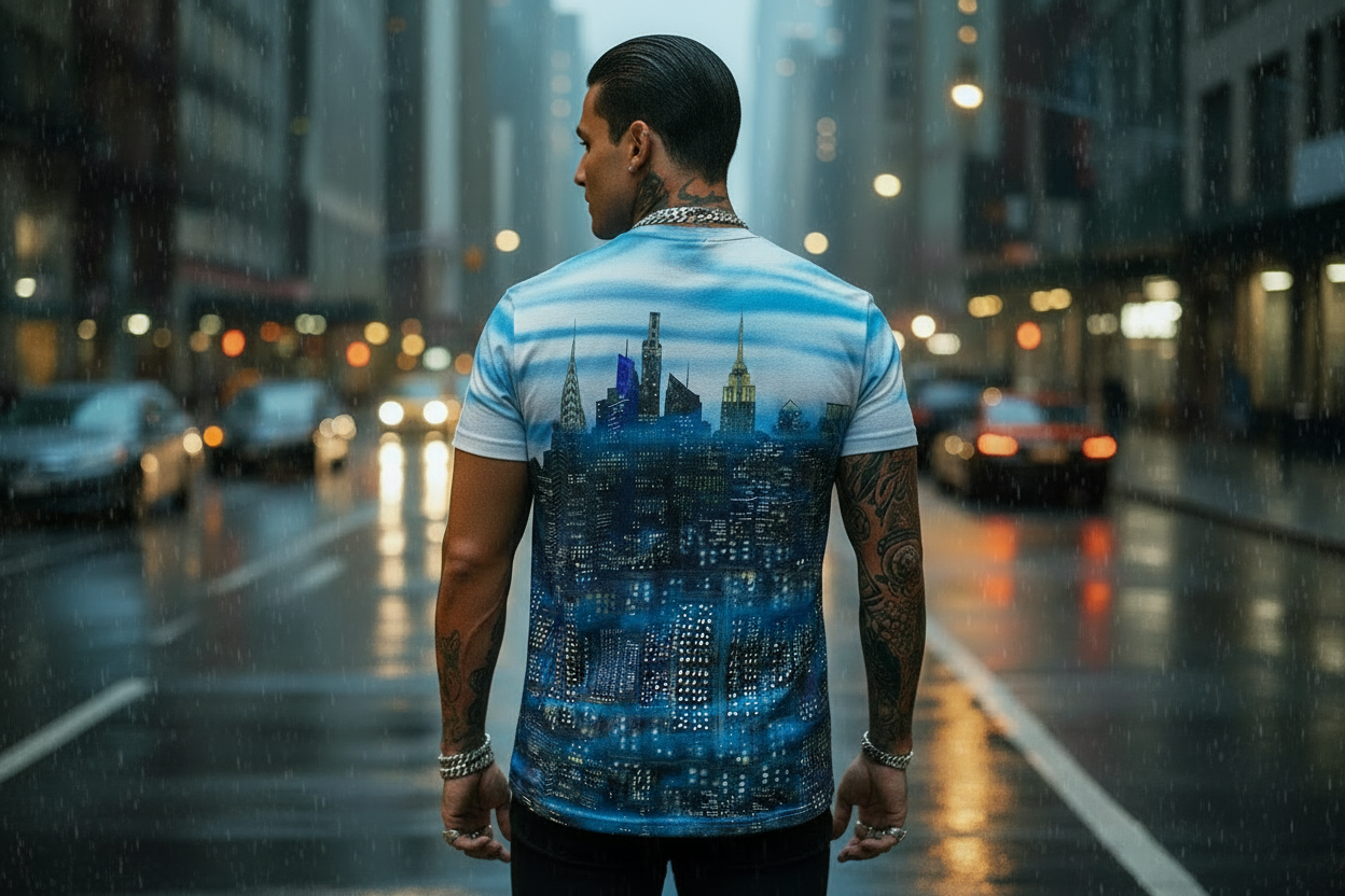 Man wearing a shirt with a cityscape Loria NYC Art design on a rain-soaked street.