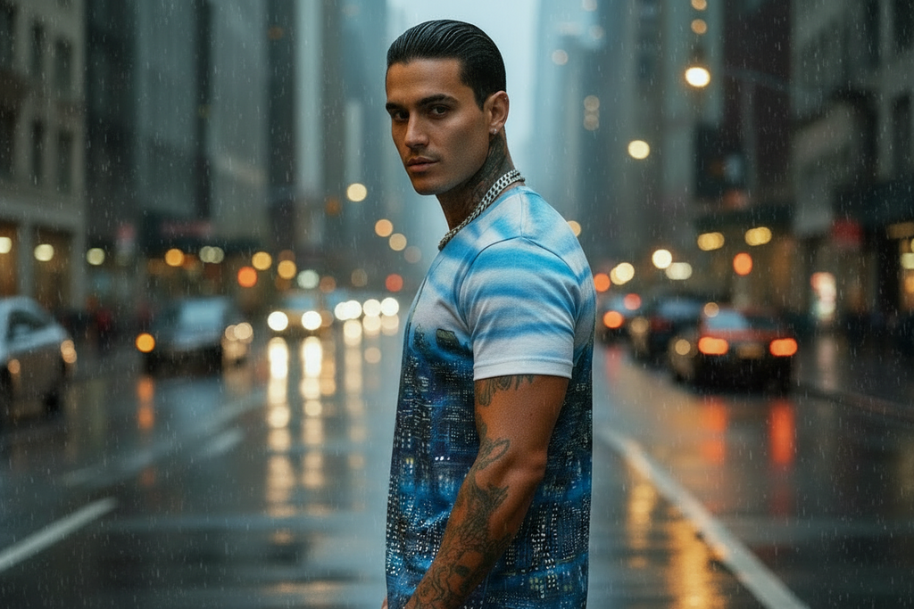 Man standing wearing a Loria NYC Art  shirt on a city street at night with raindrops on the glass