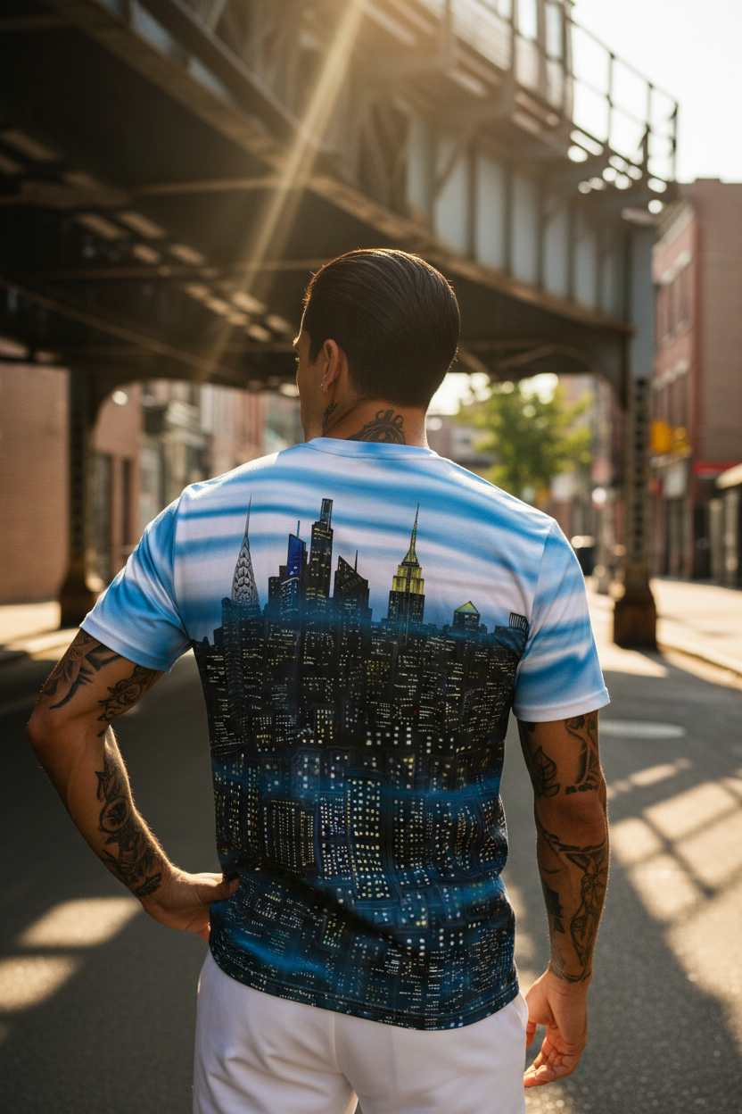 Man wearing a t-shirt with a cityscape Loria NYC Art design, standing on a street.