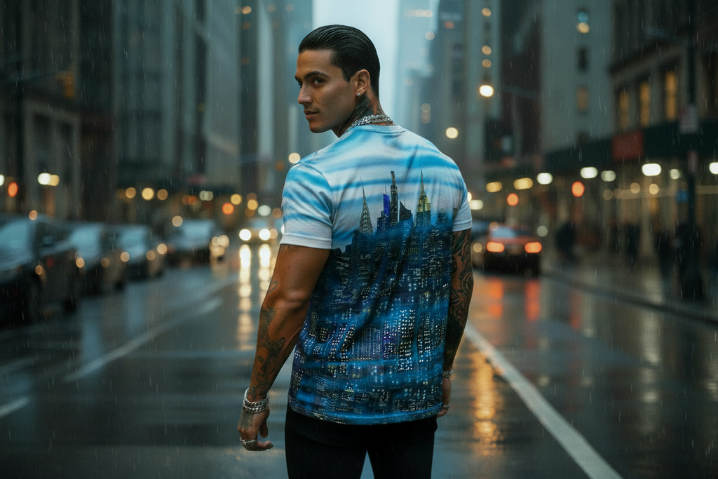 Man wearing a blue and white Loria NYC Art shirt standing on a city street at night.