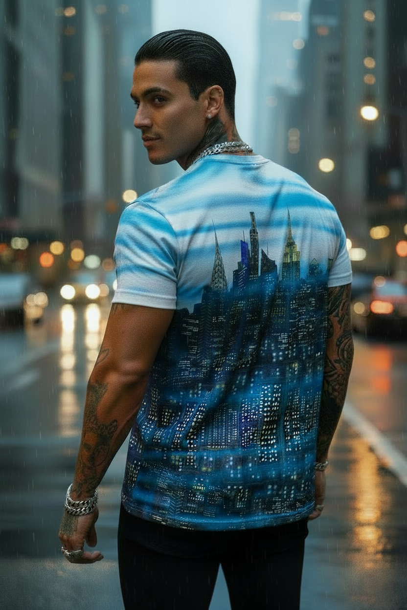 Man wearing a blue and white shirt with a cityscape Loria NYC Art design on a city street at night.
