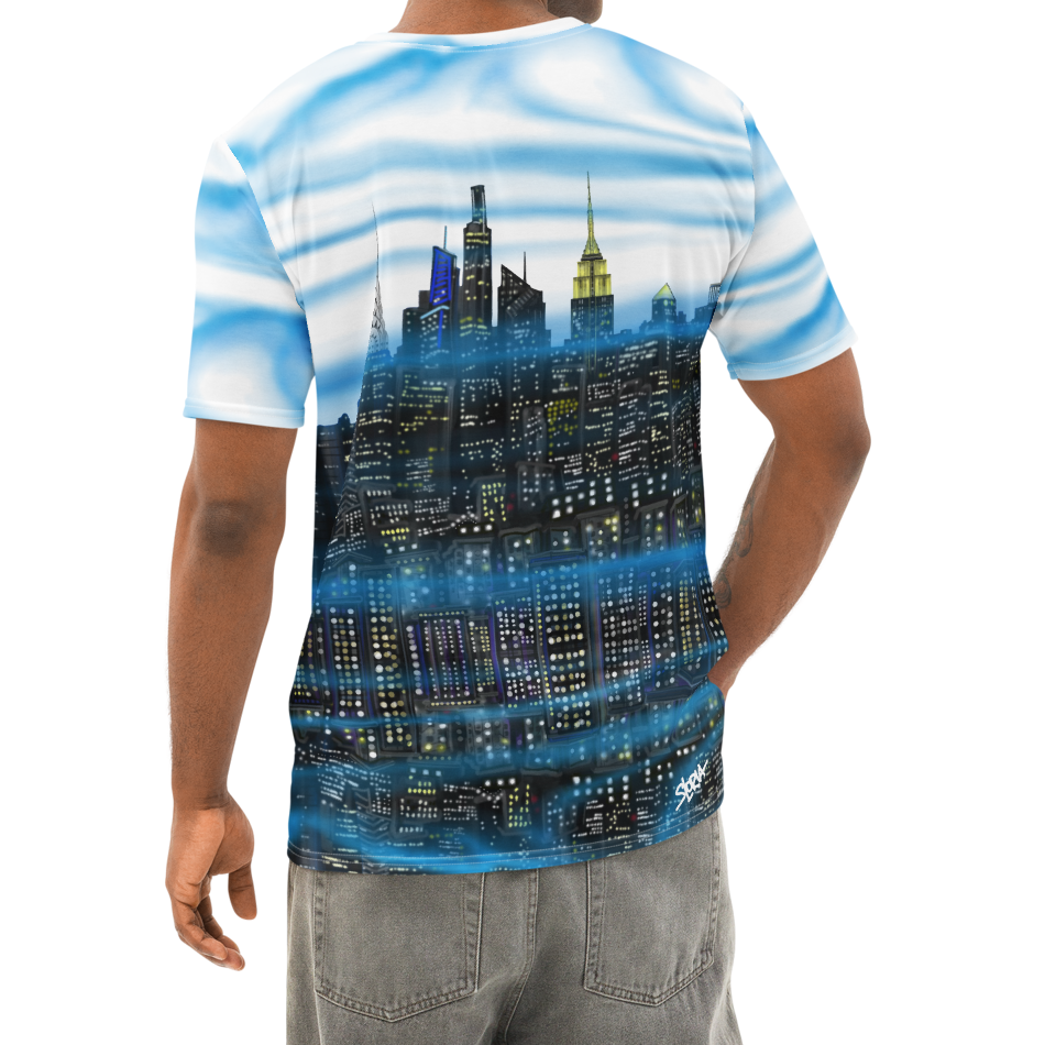 Man wearing a blue and white striped Loria NYC Art shirt with a cityscape design on a white background