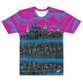 T-shirt with a Loria NYC Art cityscape design and pink and blue gradient on a white background