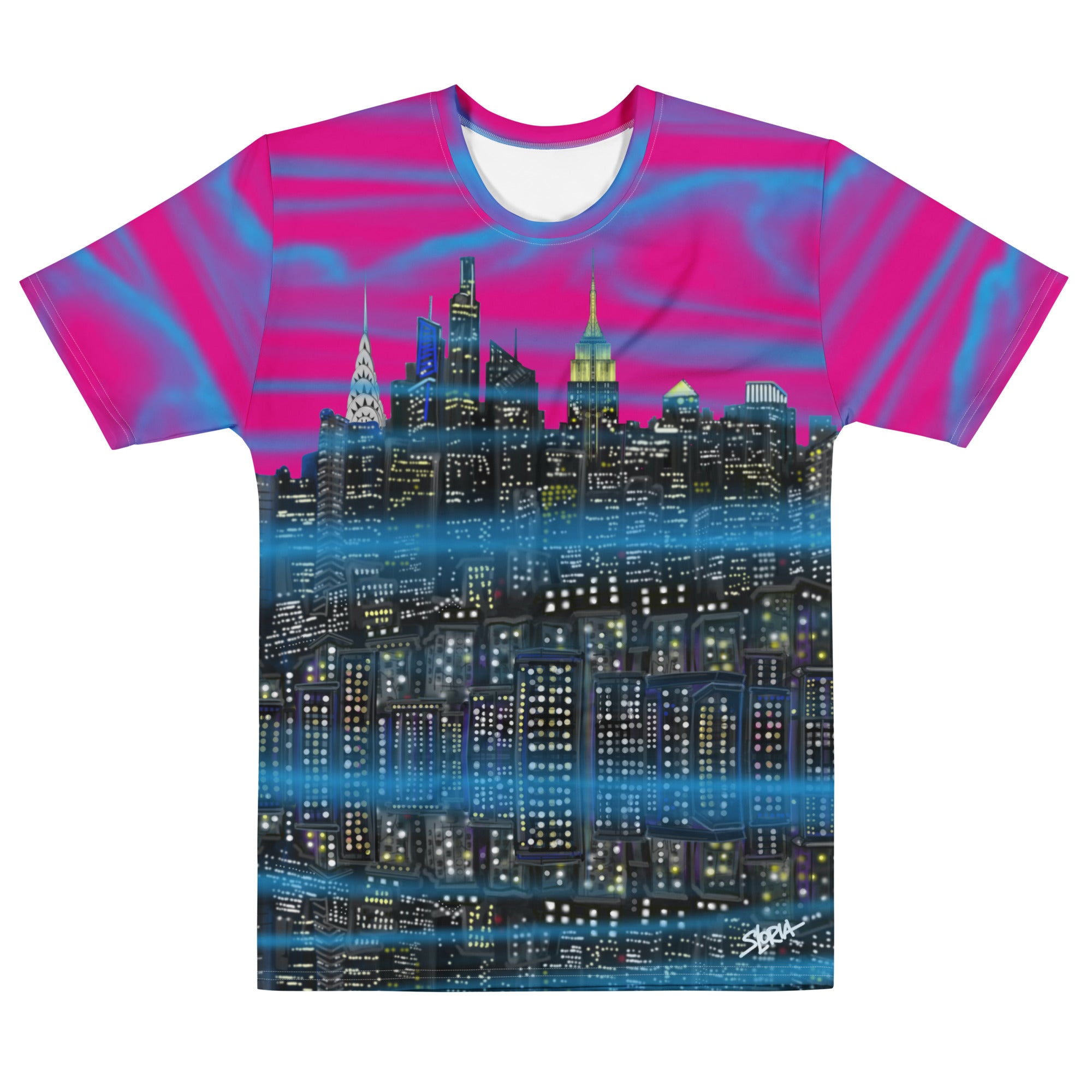 T-shirt with a Loria NYC Art cityscape design and pink and blue gradient on a white background