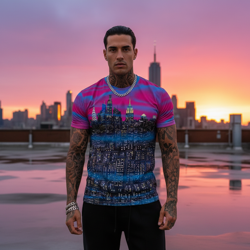 Man wearing a colorful Loria NYC Art t-shirt with cityscape design against a city skyline at sunset.