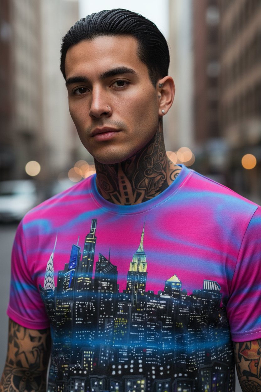 Man wearing a colorful t-shirt with a cityscape Loria NYC Art design in an urban setting