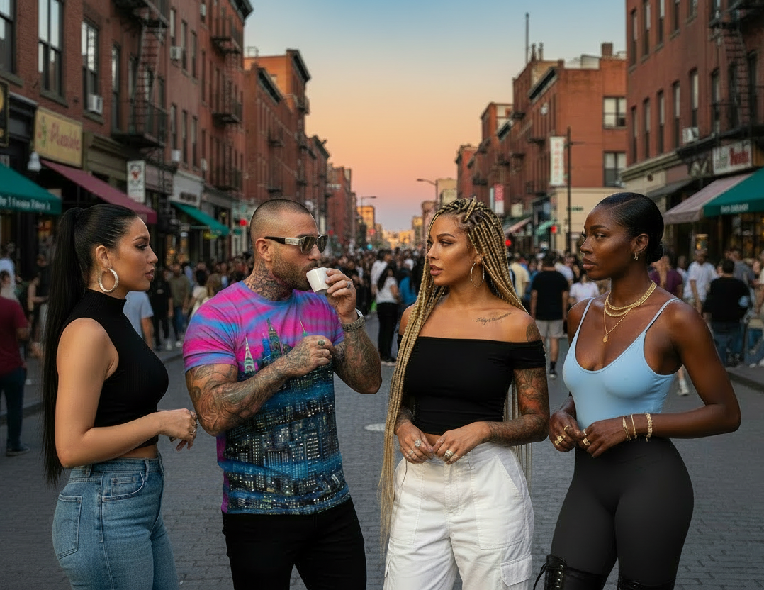 Man wearing colorful Loria NYC Art shirt standing on a city street with 3 others and buildings in the background.
