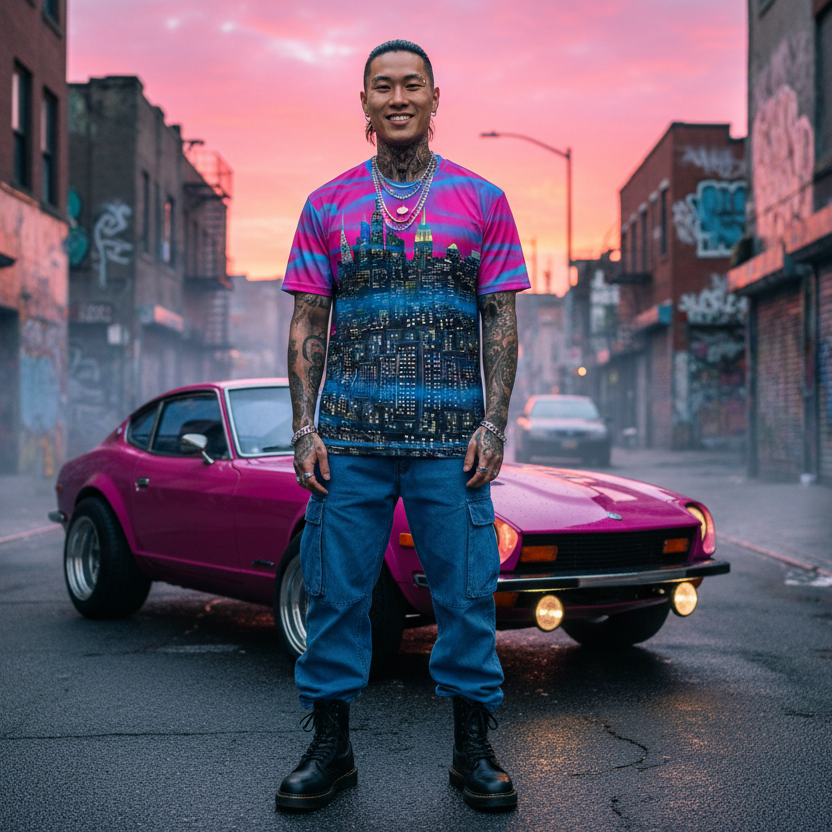 Man standing in front of a pink car on a street wearing a colorful a Loria NYC Art shirt with buildings in the background