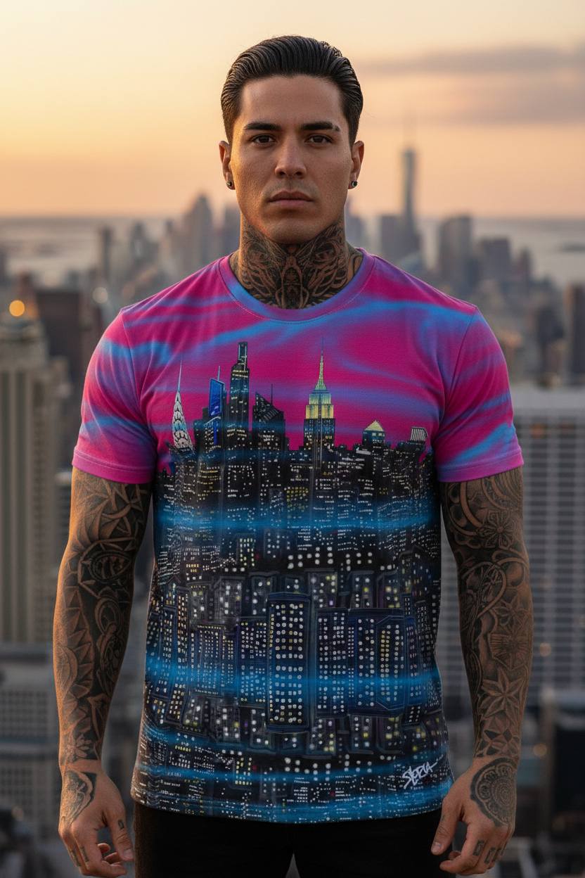 Man wearing a colorful t-shirt with a cityscape Loria NYC Art design against an urban skyline.