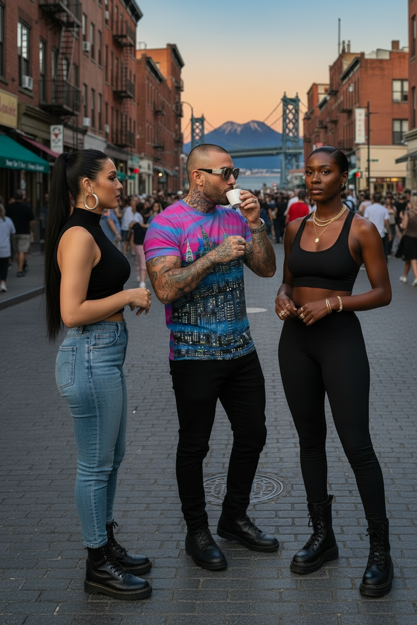 Man  standing on a city street wearing a colorful Loria NYC Art shirt with a mountain in the background