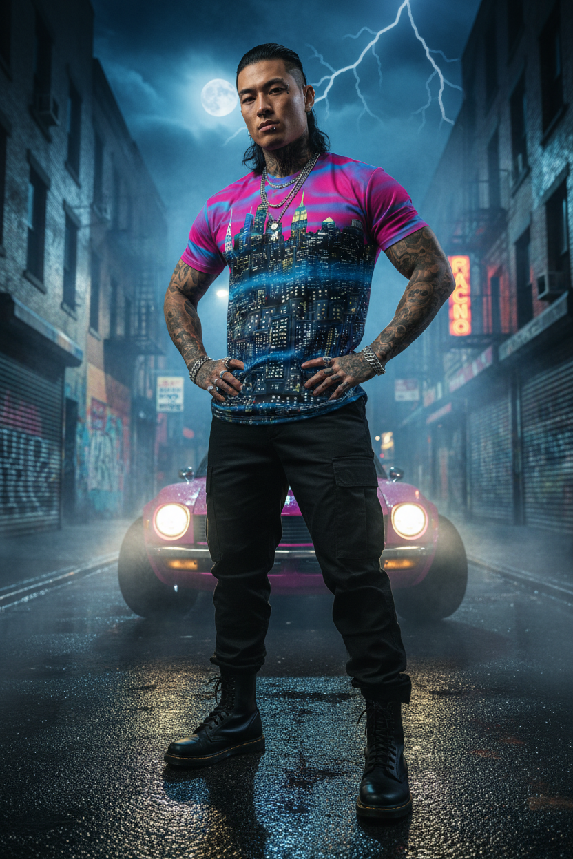 Man in a colorful Loria NYC Art shirt standing in a neon-lit street with a car in the background