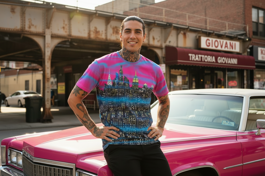 Man wearing a colorful Loria NYC Art t-shirt with a cityscape design, standing next to a pink car in an urban setting.