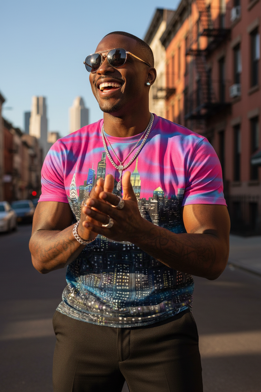Man wearing a colorful Loria NYC Art shirt on a city street 