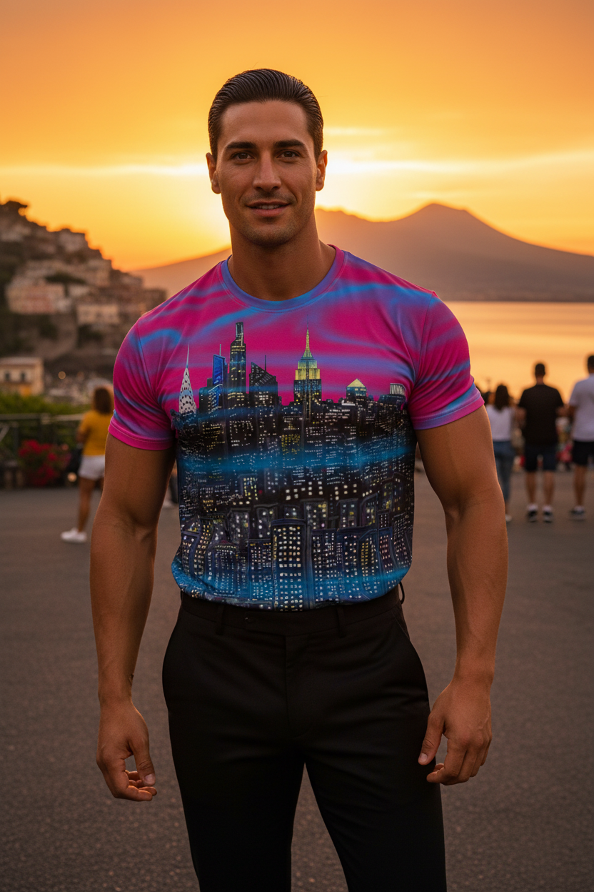Man wearing a colorful Loria NYC Art t-shirt with a cityscape design at sunset.