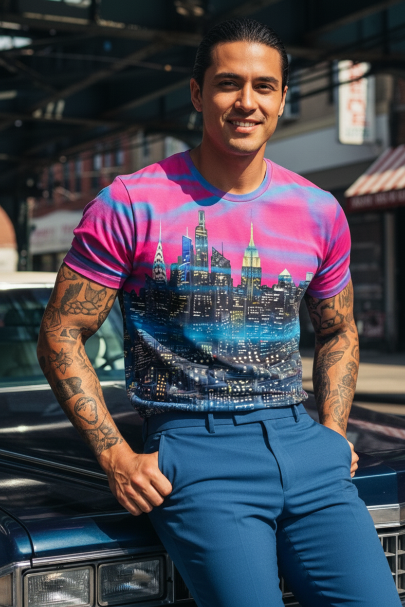 Man wearing a colorful t-shirt with a cityscape Loria NYC Art design, standing in an urban setting.