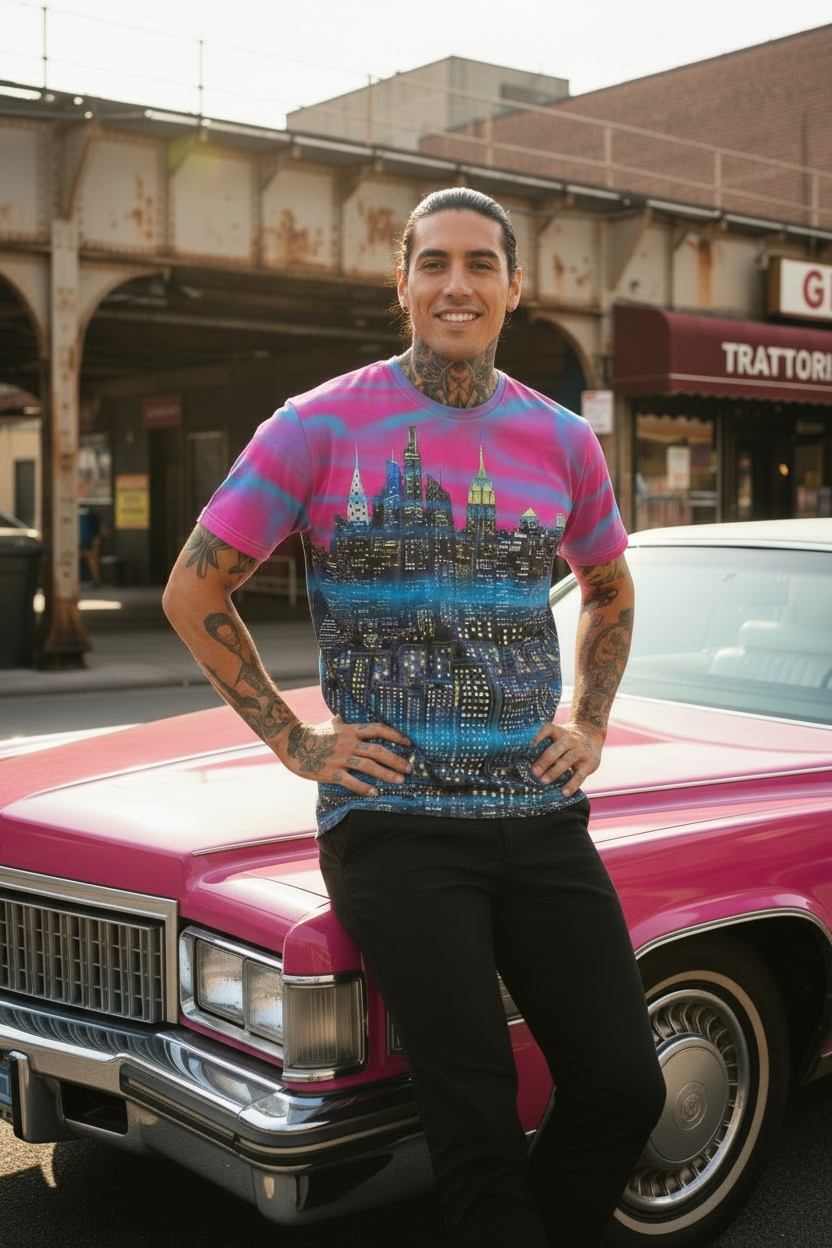 Man wearing a colorful cityscape Loria NYC Art  t-shirt leaning against a pink vintage car in an urban setting.