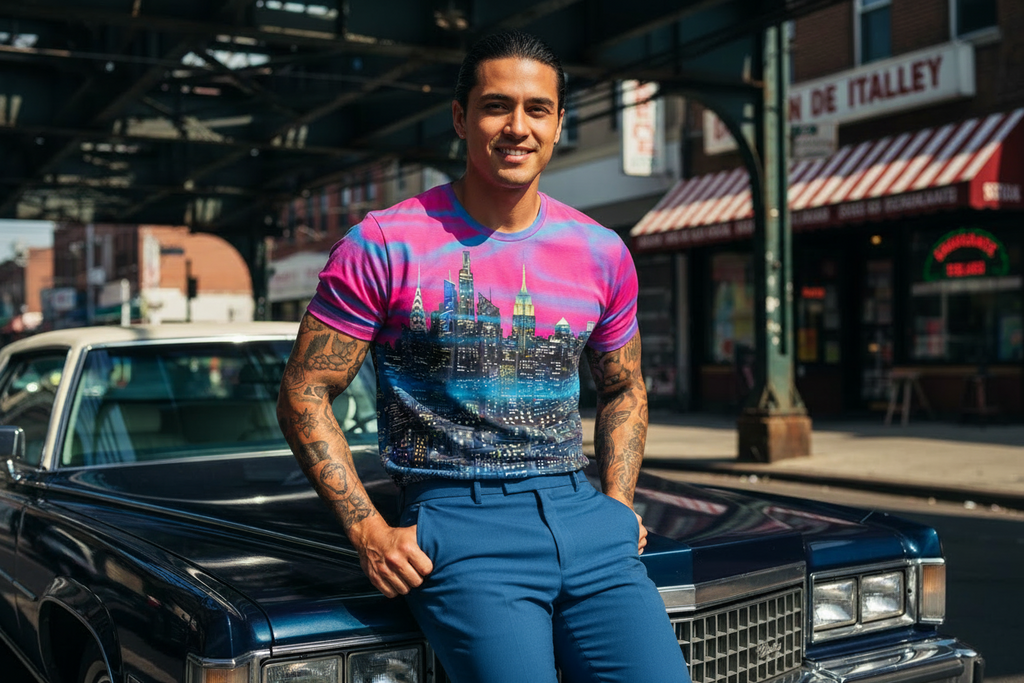 Man wearing a colorful Loria NYC Art shirt with a castle design, standing next to a vintage car on a city street.