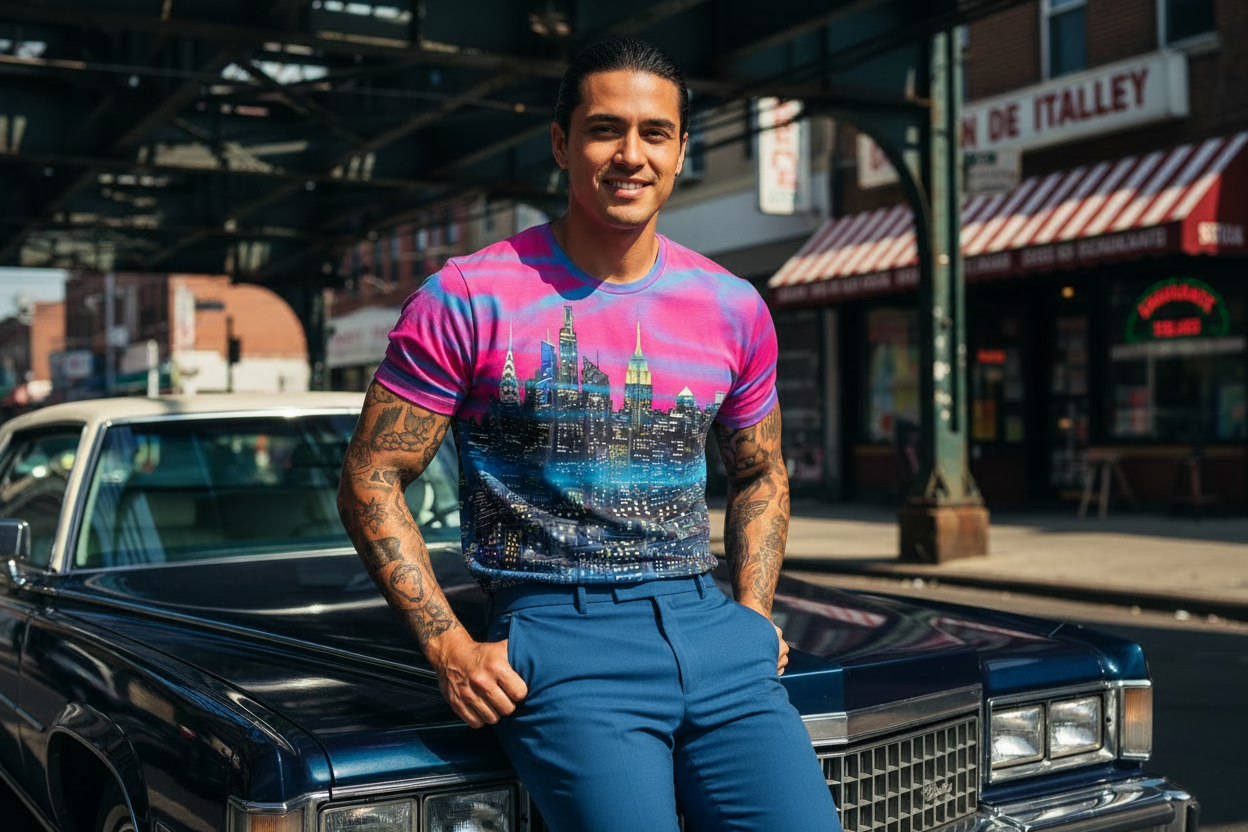 Man wearing a colorful Loria NYC Art shirt with a castle design, standing next to a vintage car on a city street.