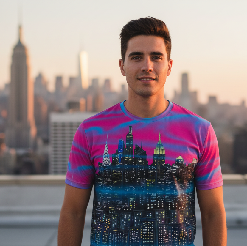 Person wearing a colorful Loria NYC Art t-shirt with a cityscape design, standing on a rooftop with a city skyline in the background.