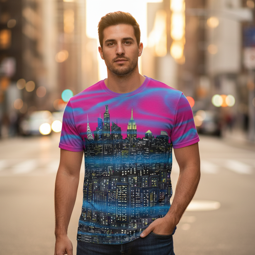 Man wearing a colorful Loria NYC Art t-shirt with a cityscape design on a city street.
